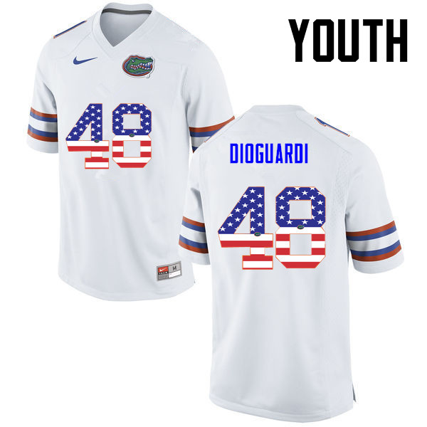 Youth Florida Gators #48 Brett DioGuardi College Football USA Flag Fashion Jerseys-White - Click Image to Close